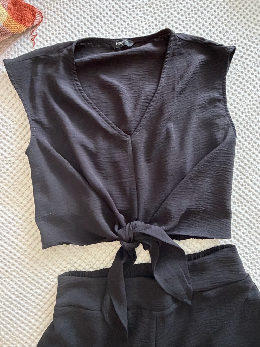 Women’s Black Tie Front Crop Top & Wide-Leg Two Piece Set - Picture 2 of 7